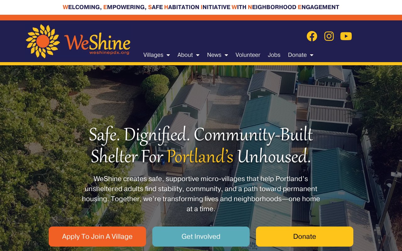 WeShine PDX home page · Portland micro-village nonprofit