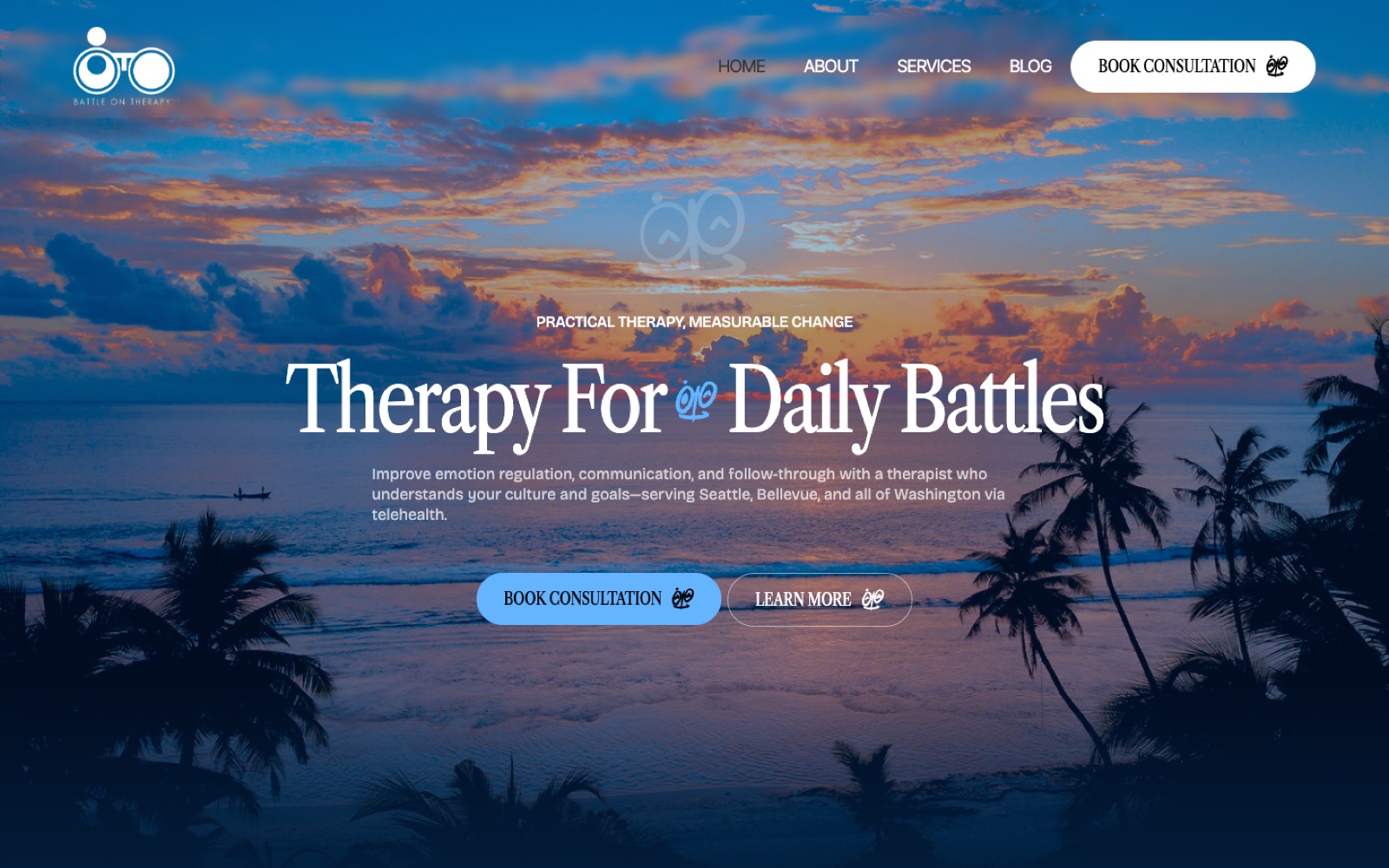 Battle On Therapy landing hero at 1440×900: nav, eyebrow, headline, subhead and both CTAs over a dusk beach photo