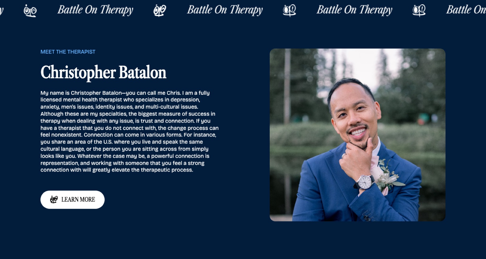 Meet the therapist section on the deep-navy panel, with the Battle On Therapy wordmark marquee band at its top edge
