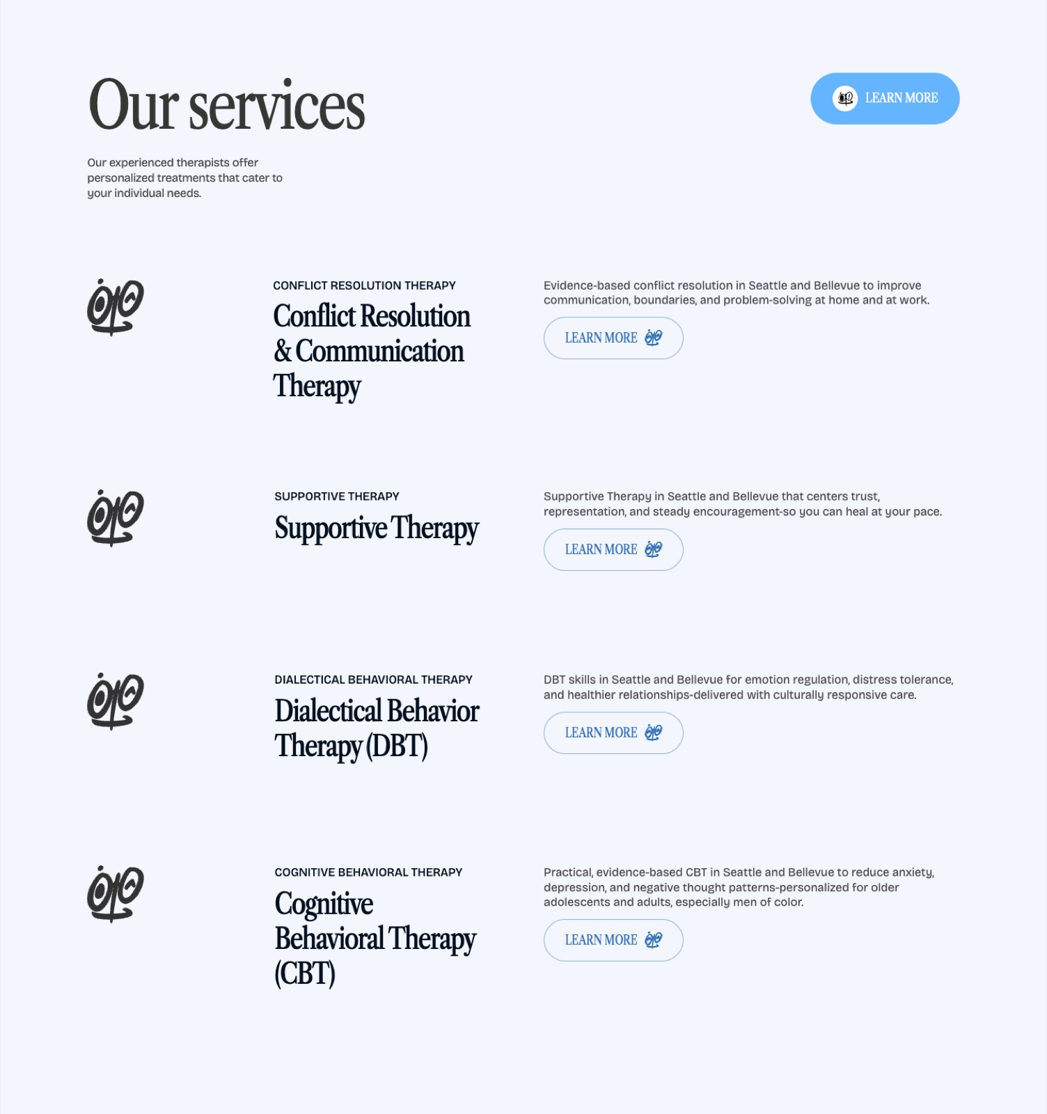 The services section and its four modalities: Conflict Resolution and Communication Therapy, Supportive Therapy, DBT and CBT