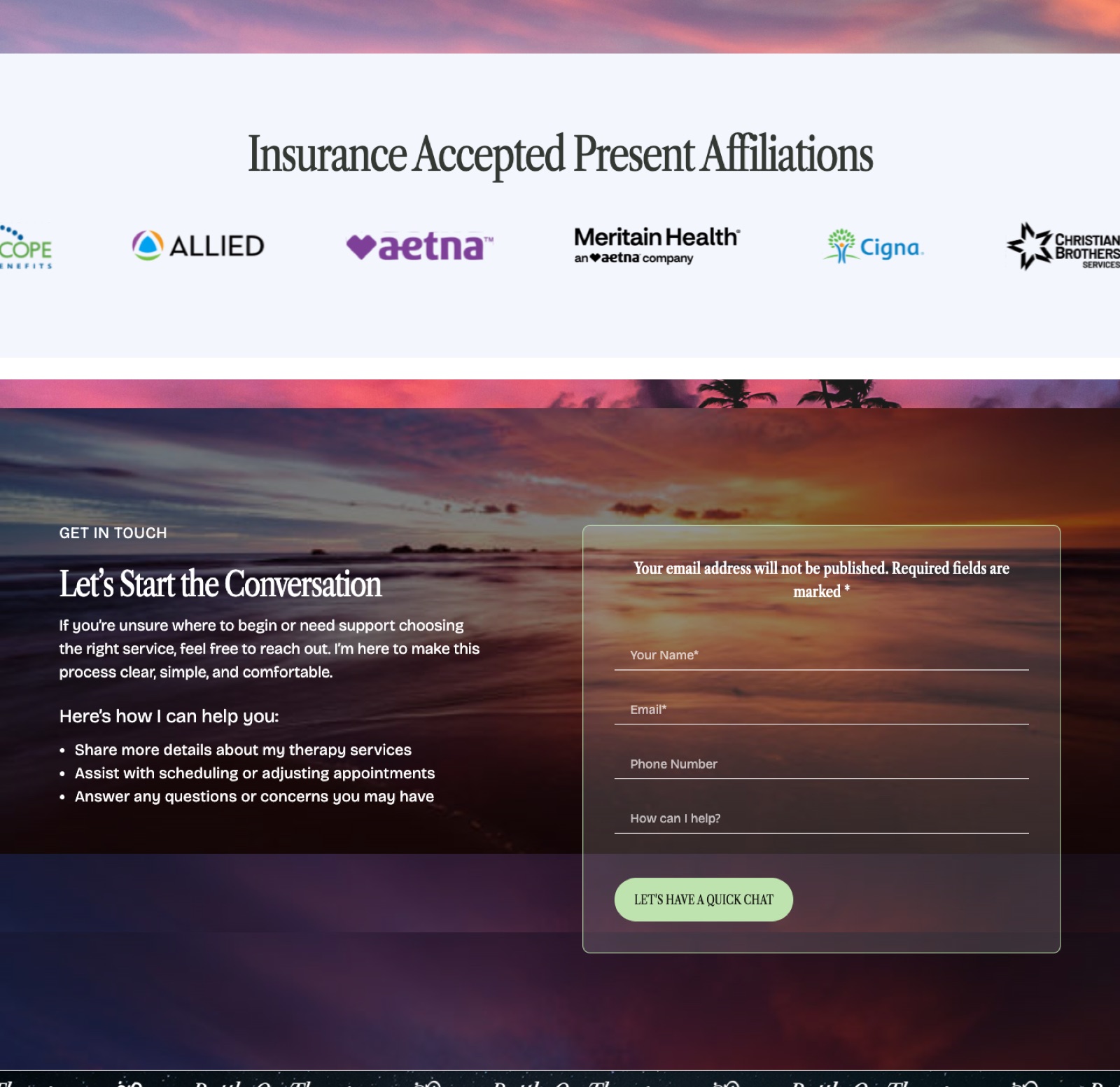 Composite image: the insurance marquee stacked above the contact form. The two regions are not adjacent on the real page.