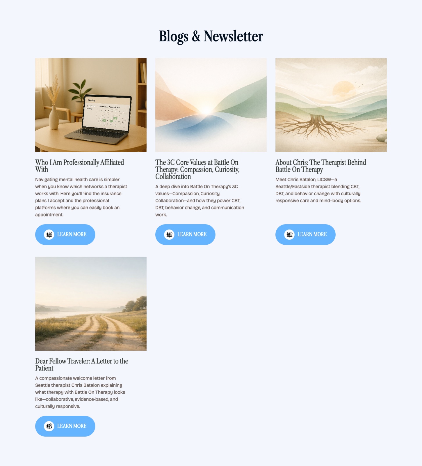 The blog and newsletter index section with four post cards