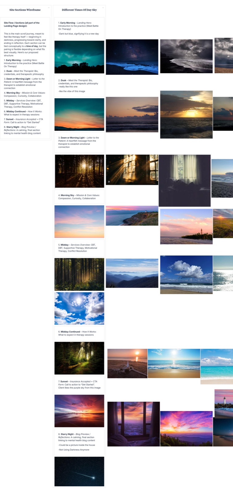 Concept board crop: the eight-section scroll journey, each section tied to a time of day, beside the candidate photography for each