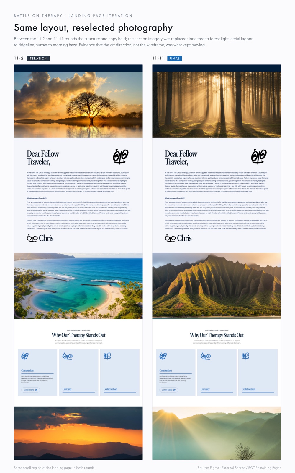 Two-up of the same Figma scroll region in the 11-2 and 11-11 rounds: layout and copy identical, section photography replaced