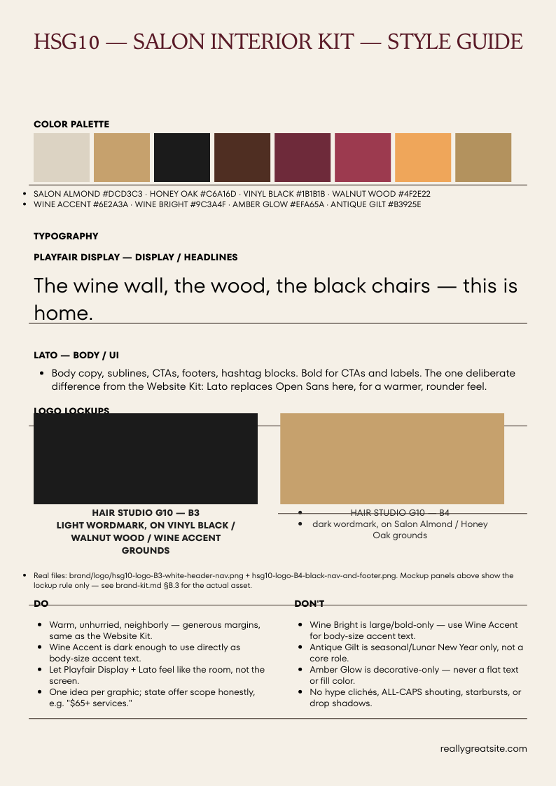 Salon Interior Kit style-guide sheet: eight-swatch palette from Salon Almond to Antique Gilt with hex values, Playfair Display and Lato type specimens