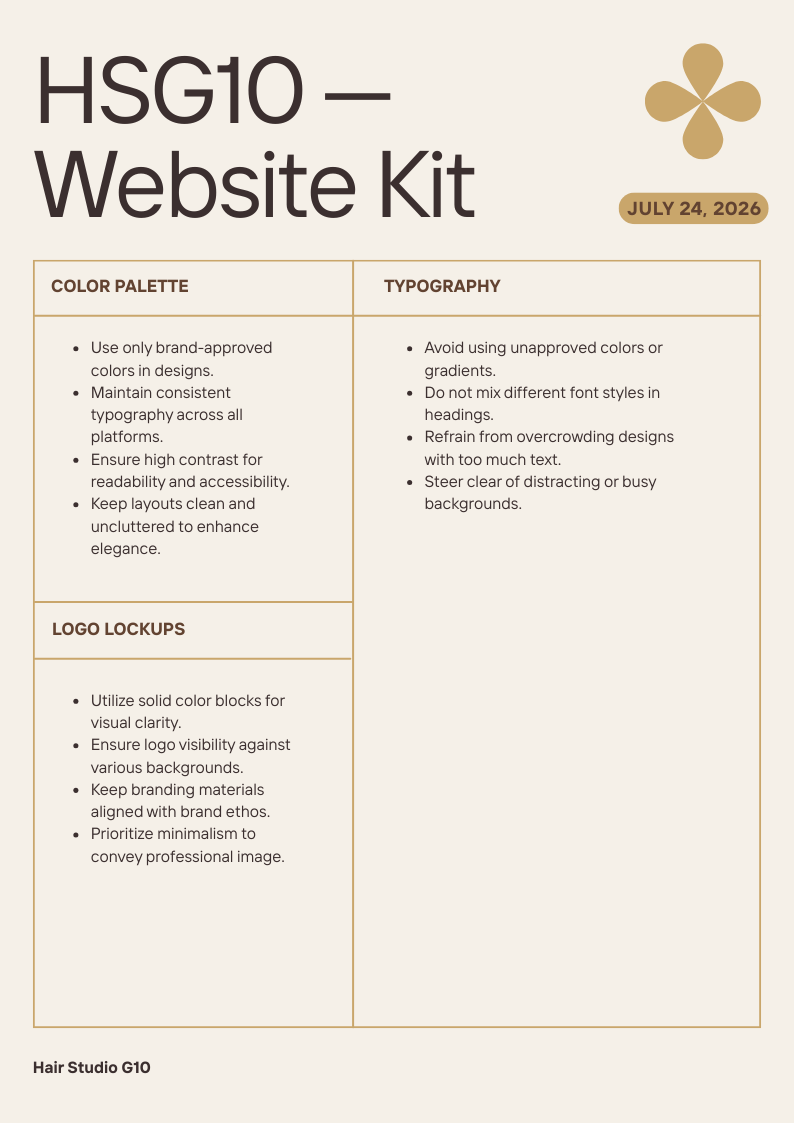 Website Kit companion sheet: the text-only rules checklist for hairstudiog10.com itself
