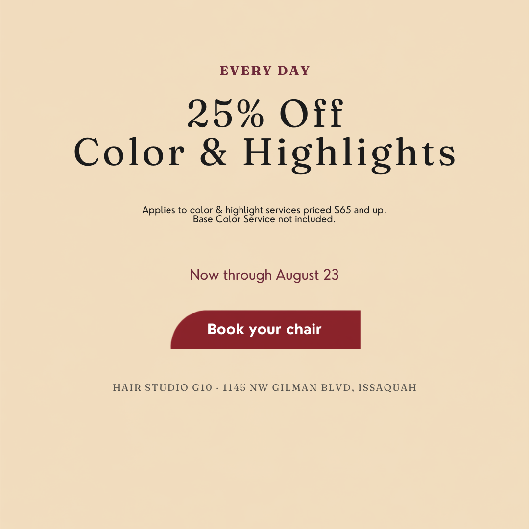 25 percent off color and highlights promo graphic built on the Salon Interior Kit: Salon Almond ground, Playfair headline, wine Book Your Chair button