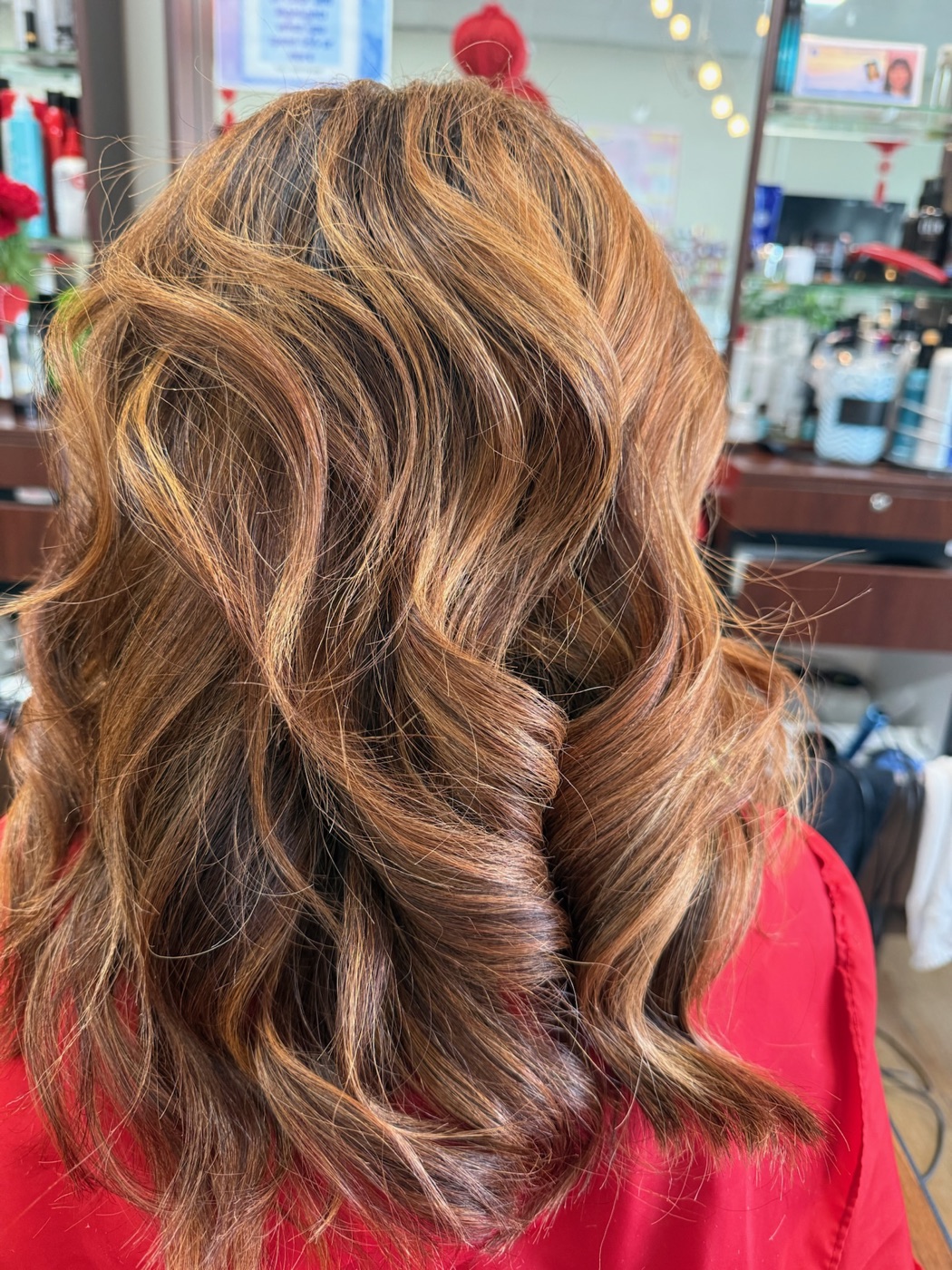 Caramel balayage waves, back view, no face visible