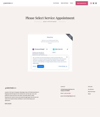 Top of the full booking page capture, cookie-consent dialog included