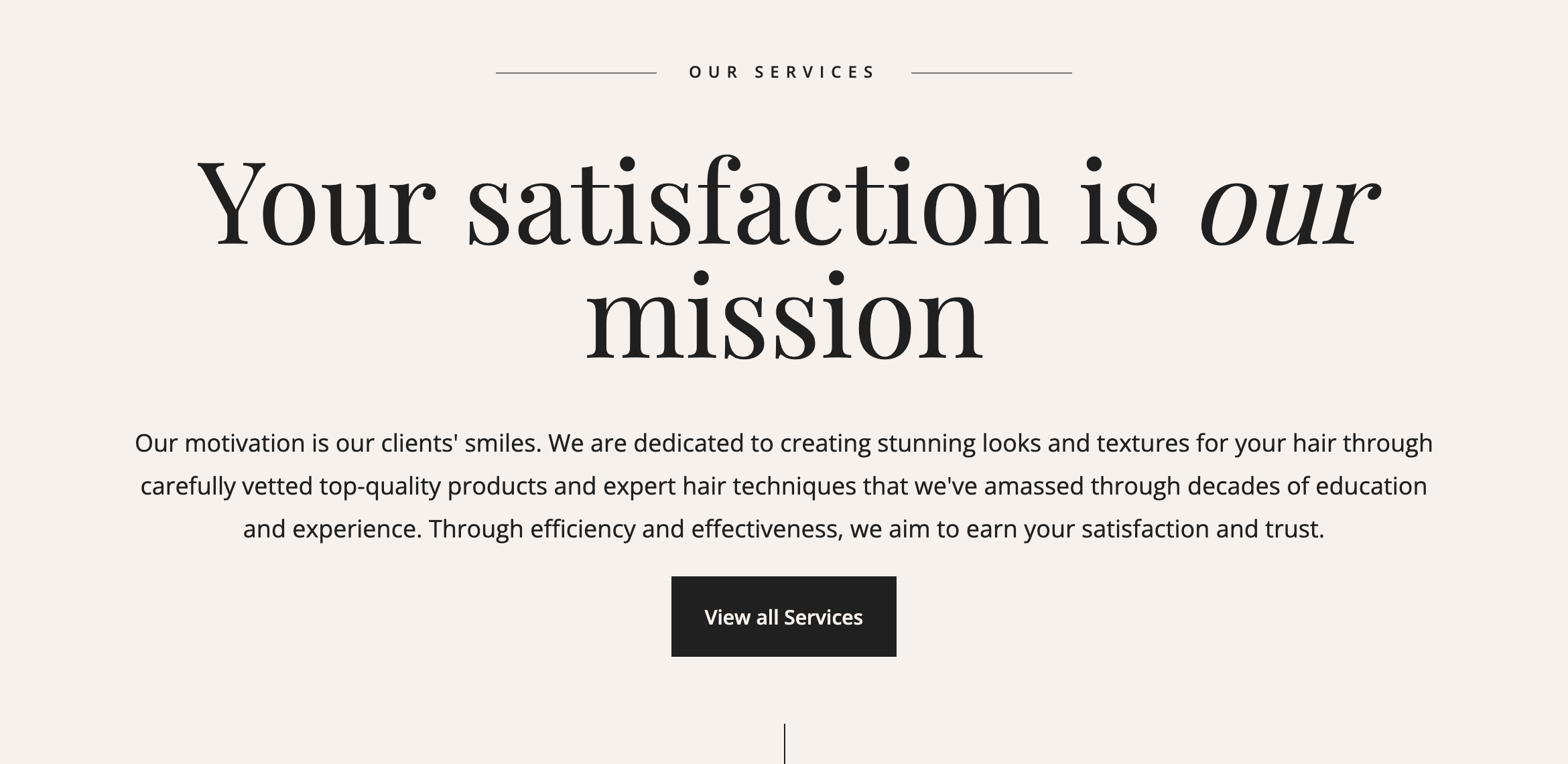Typography specimen from the live site: OUR SERVICES eyebrow with flanking rules, the headline with one word in italic, Open Sans body, square dark button