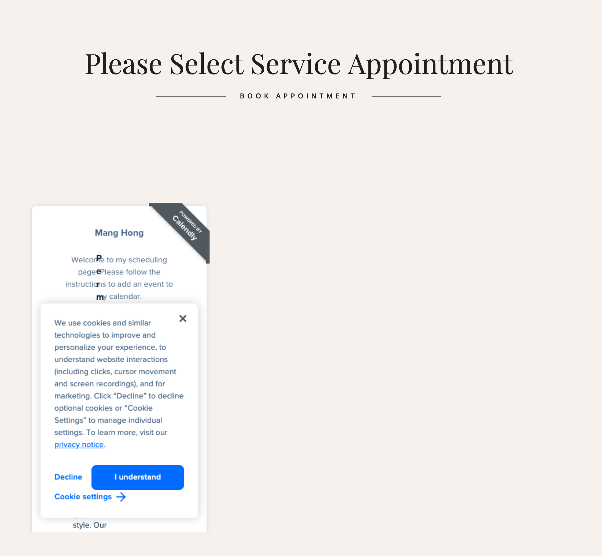 Desktop booking page with the embedded Calendly widget and a cookie-consent dialog over its lower half