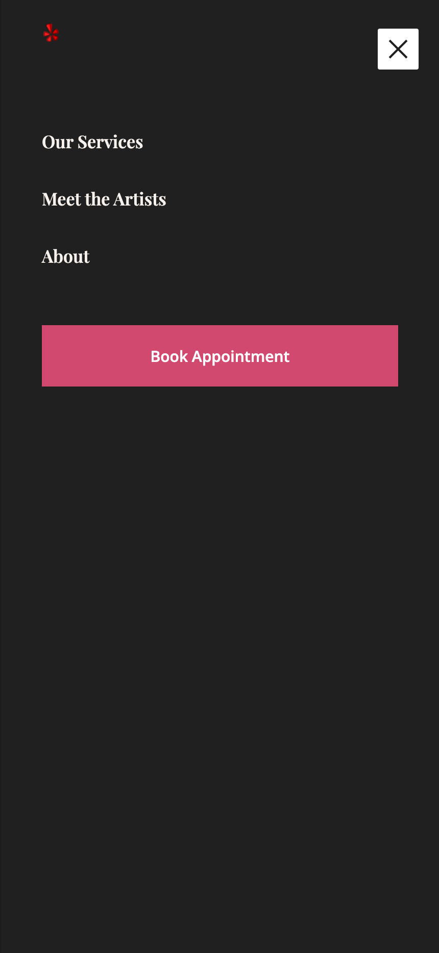 Mobile navigation overlay on the live site: near-black full-screen ground, Playfair nav links, full-width rose Book Appointment button